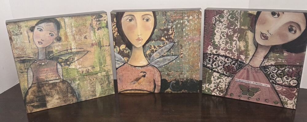 Kelly Rae Roberts Canvas Wall Art Trio Mixed Media Tiles DEMDACO 2009 8x8x1